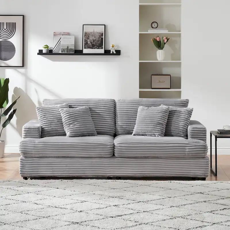 3-Seat Corduroy Sofa with Spring Cushions and 4 Toss Pillows – Pink / Gray / White, 3-Person Use