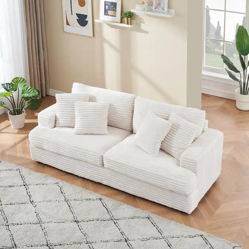 3-Seat Corduroy Sofa with Spring Cushions and 4 Toss Pillows – Pink / Gray / White, 3-Person Use