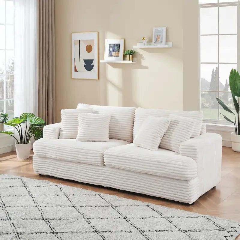 3-Seat Corduroy Sofa with Spring Cushions and 4 Toss Pillows – Pink / Gray / White, 3-Person Use