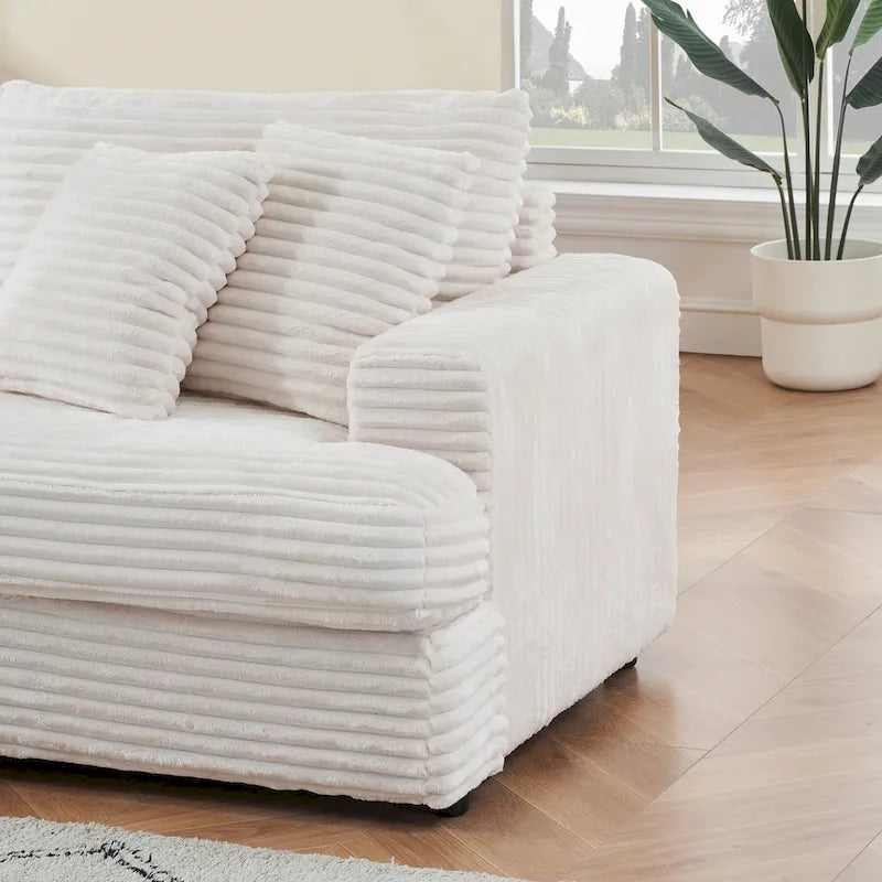 3-Seat Corduroy Sofa with Spring Cushions and 4 Toss Pillows – Pink / Gray / White, 3-Person Use