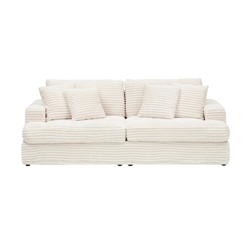 3-Seat Corduroy Sofa with Spring Cushions and 4 Toss Pillows – Pink / Gray / White, 3-Person Use