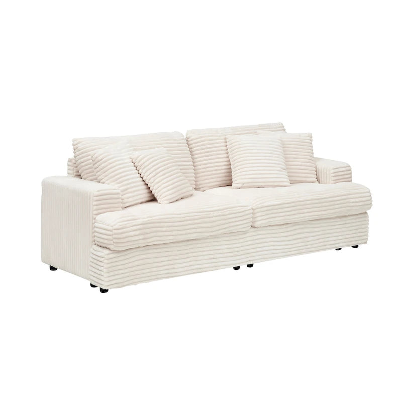 3-Seat Corduroy Sofa with Spring Cushions and 4 Toss Pillows – Pink / Gray / White, 3-Person Use