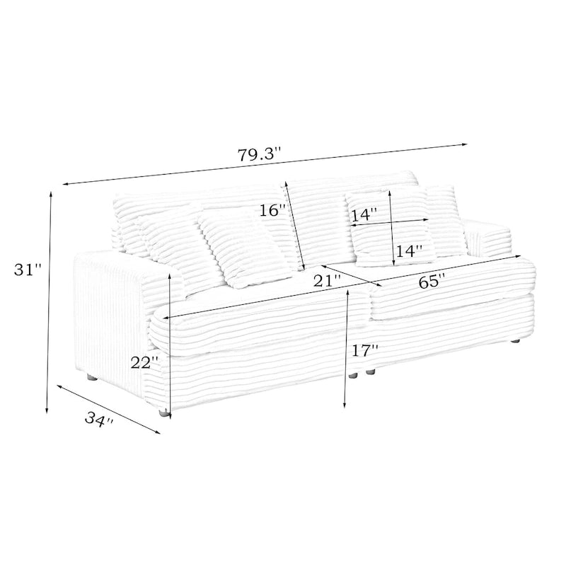 3-Seat Corduroy Sofa with Spring Cushions and 4 Toss Pillows – Pink / Gray / White, 3-Person Use