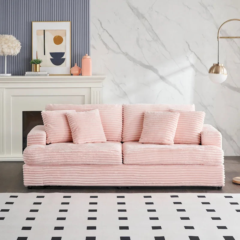3-Seat Corduroy Sofa with Spring Cushions and 4 Toss Pillows – Pink / Gray / White, 3-Person Use
