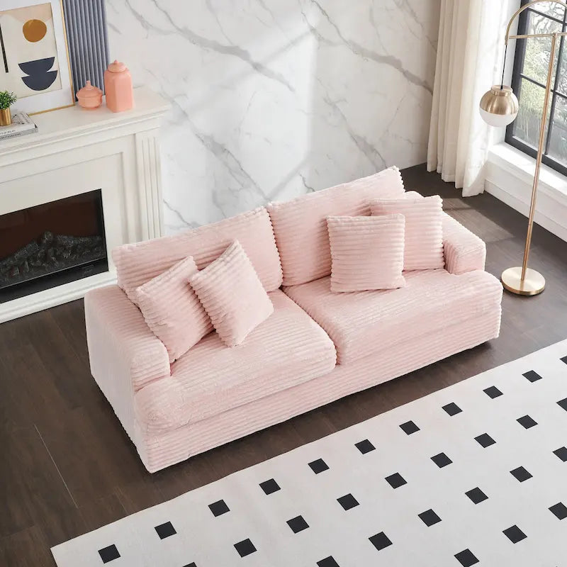 3-Seat Corduroy Sofa with Spring Cushions and 4 Toss Pillows – Pink / Gray / White, 3-Person Use