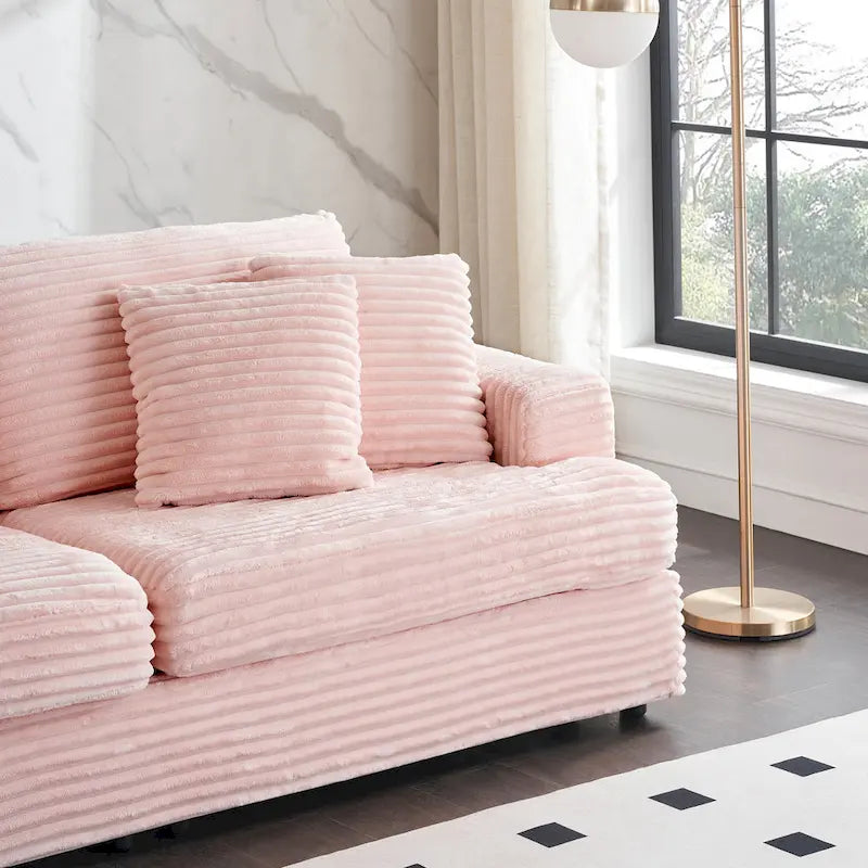 3-Seat Corduroy Sofa with Spring Cushions and 4 Toss Pillows – Pink / Gray / White, 3-Person Use