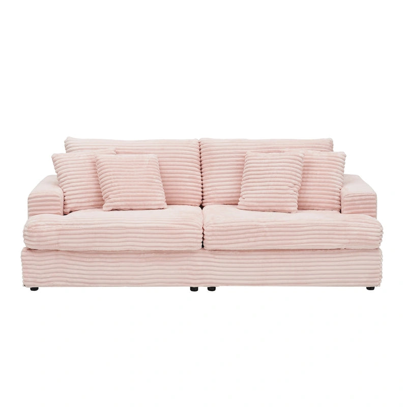 3-Seat Corduroy Sofa with Spring Cushions and 4 Toss Pillows – Pink / Gray / White, 3-Person Use