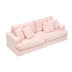3-Seat Corduroy Sofa with Spring Cushions and 4 Toss Pillows – Pink / Gray / White, 3-Person Use