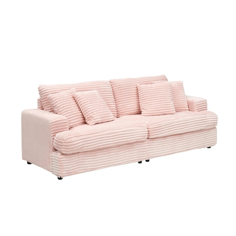 3-Seat Corduroy Sofa with Spring Cushions and 4 Toss Pillows – Pink / Gray / White, 3-Person Use