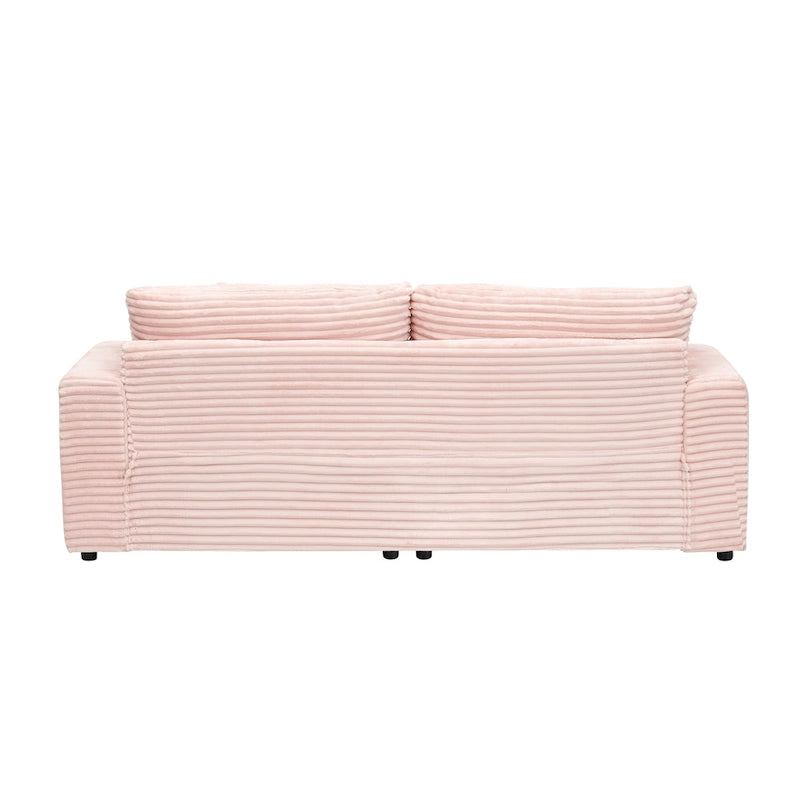 3-Seat Corduroy Sofa with Spring Cushions and 4 Toss Pillows – Pink / Gray / White, 3-Person Use