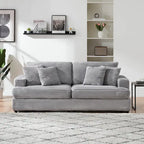 3-Seat Corduroy Sofa with Spring Cushions and 4 Toss Pillows – Pink / Gray / White, 3-Person Use