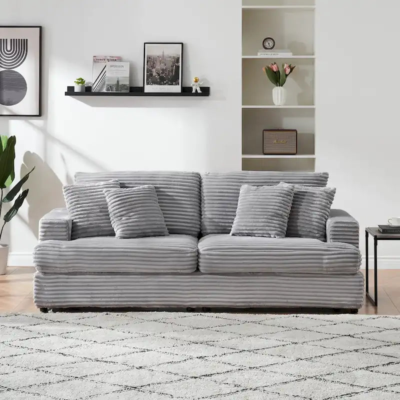 3-Seat Corduroy Sofa with Spring Cushions and 4 Toss Pillows – Pink / Gray / White, 3-Person Use