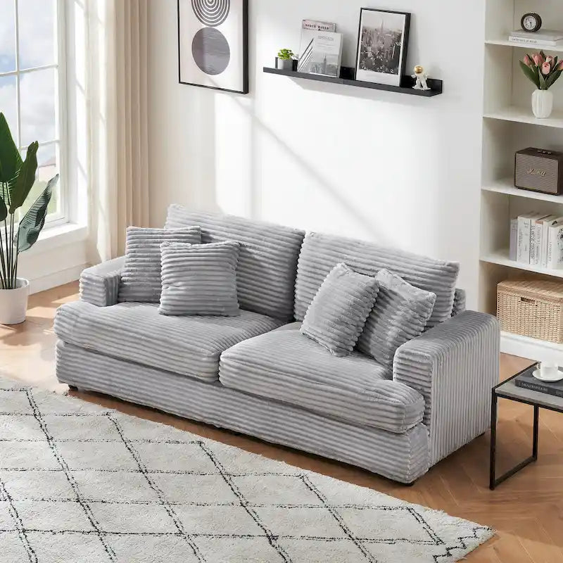 3-Seat Corduroy Sofa with Spring Cushions and 4 Toss Pillows – Pink / Gray / White, 3-Person Use