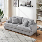3-Seat Corduroy Sofa with Spring Cushions and 4 Toss Pillows – Pink / Gray / White, 3-Person Use