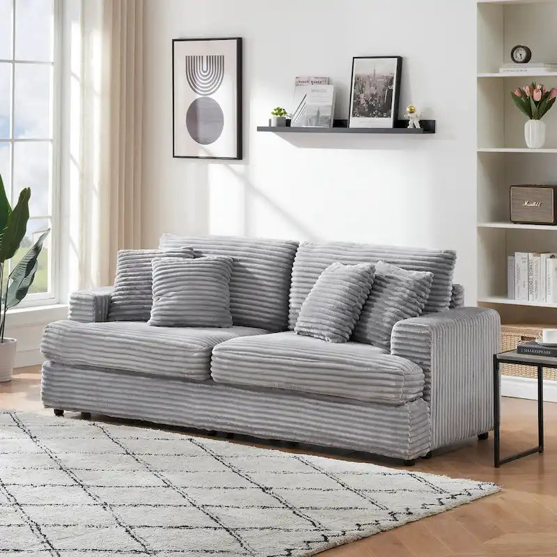 3-Seat Corduroy Sofa with Spring Cushions and 4 Toss Pillows – Pink / Gray / White, 3-Person Use