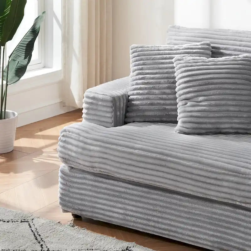 3-Seat Corduroy Sofa with Spring Cushions and 4 Toss Pillows – Pink / Gray / White, 3-Person Use