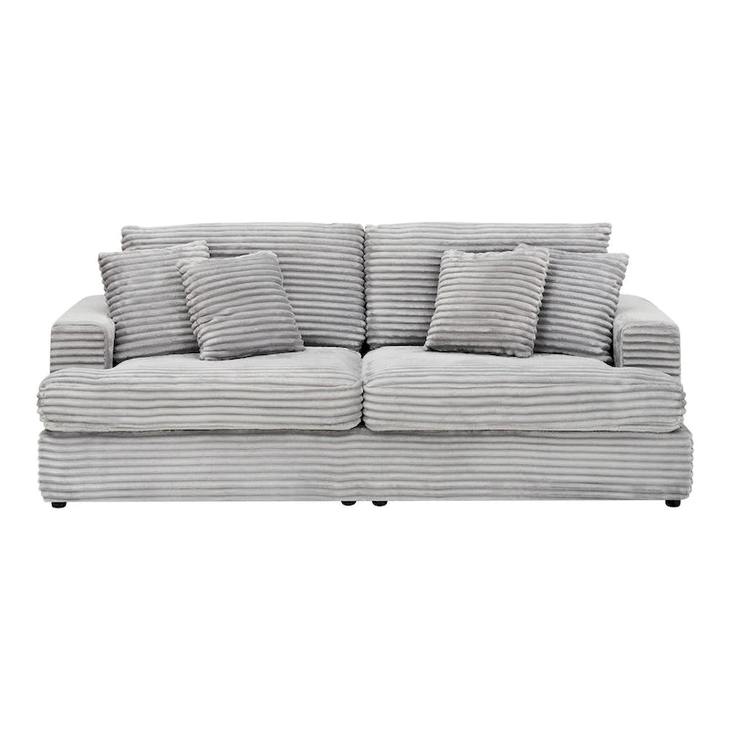 3-Seat Corduroy Sofa with Spring Cushions and 4 Toss Pillows – Pink / Gray / White, 3-Person Use