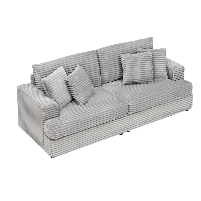 3-Seat Corduroy Sofa with Spring Cushions and 4 Toss Pillows – Pink / Gray / White, 3-Person Use