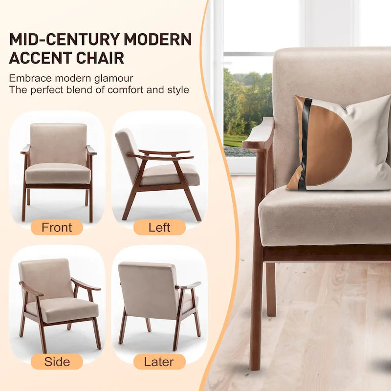 Upholstered Accent Chair with Solid Wood Frame – Black Leather / Gray / Pink / Black / Brown / Blue / Dark Brown / Light Camel, 1-Person Use