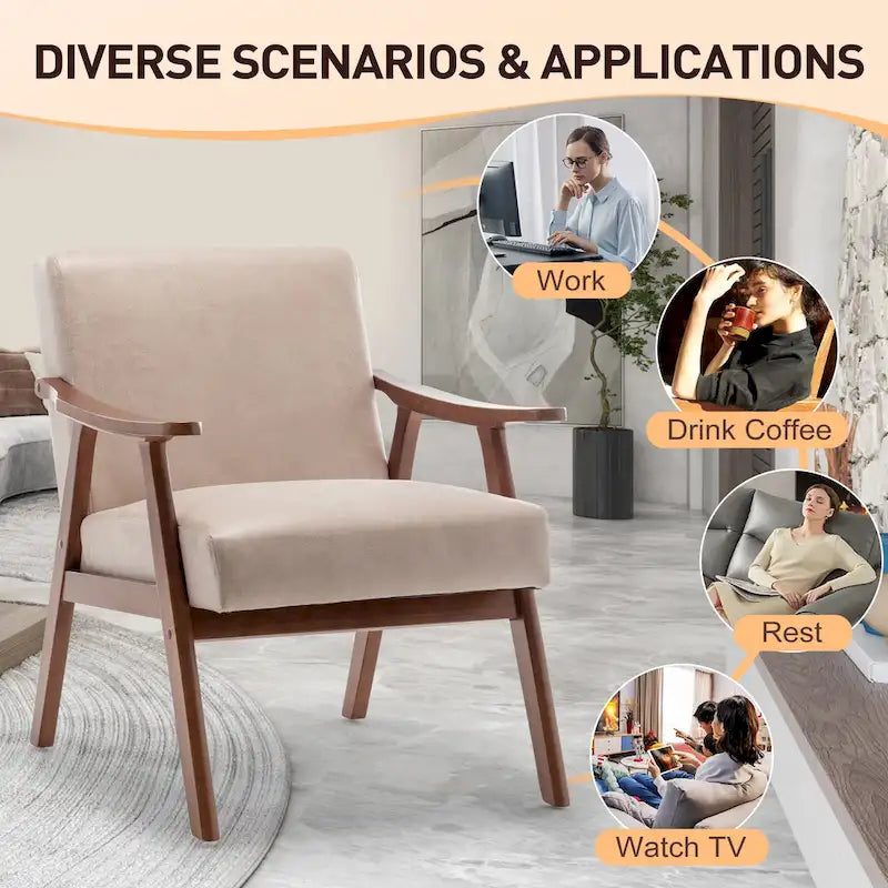 Upholstered Accent Chair with Solid Wood Frame – Black Leather / Gray / Pink / Black / Brown / Blue / Dark Brown / Light Camel, 1-Person Use