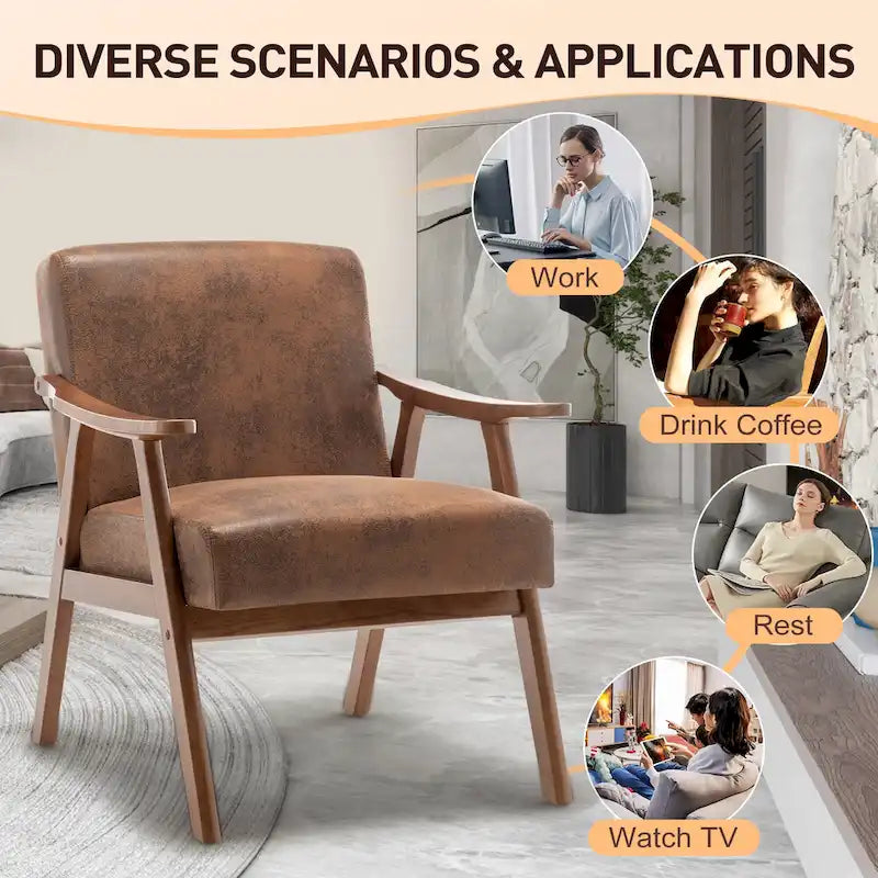 Upholstered Accent Chair with Solid Wood Frame – Black Leather / Gray / Pink / Black / Brown / Blue / Dark Brown / Light Camel, 1-Person Use