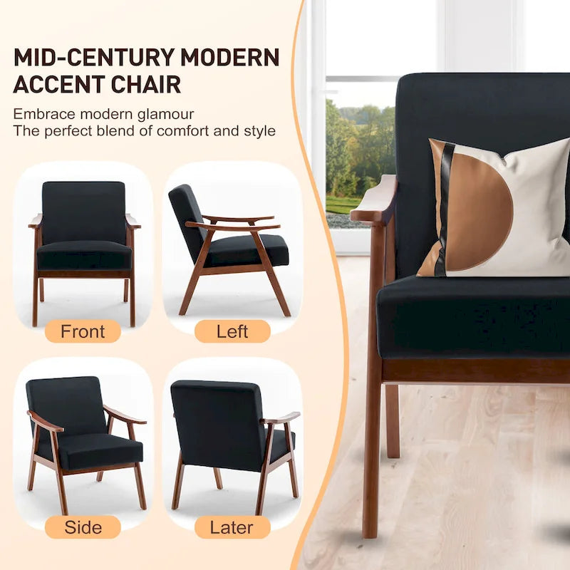 Upholstered Accent Chair with Solid Wood Frame – Black Leather / Gray / Pink / Black / Brown / Blue / Dark Brown / Light Camel, 1-Person Use