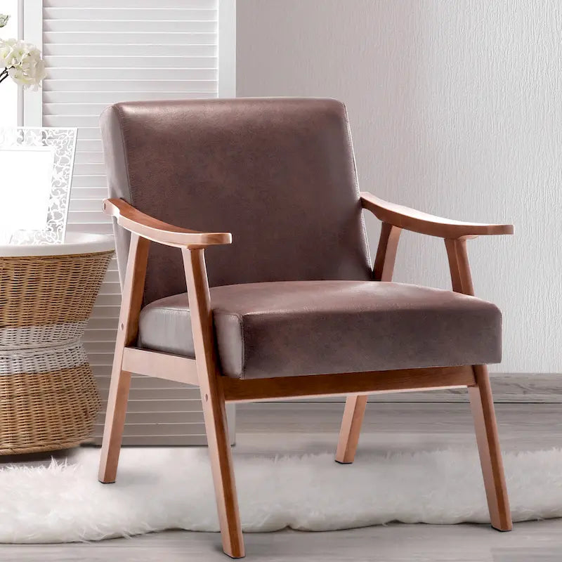 Upholstered Accent Chair with Solid Wood Frame – Black Leather / Gray / Pink / Black / Brown / Blue / Dark Brown / Light Camel, 1-Person Use
