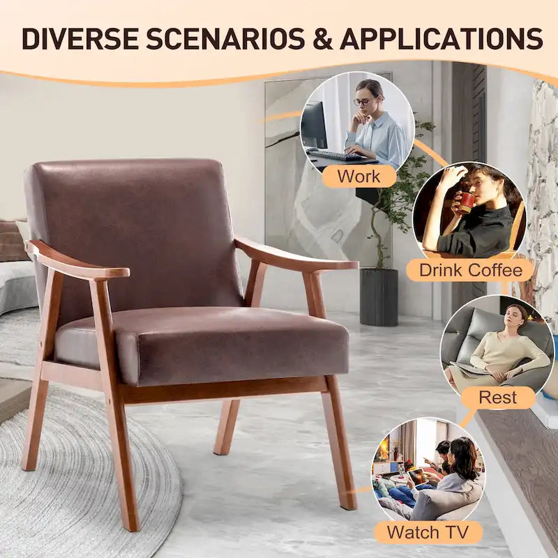 Upholstered Accent Chair with Solid Wood Frame – Black Leather / Gray / Pink / Black / Brown / Blue / Dark Brown / Light Camel, 1-Person Use