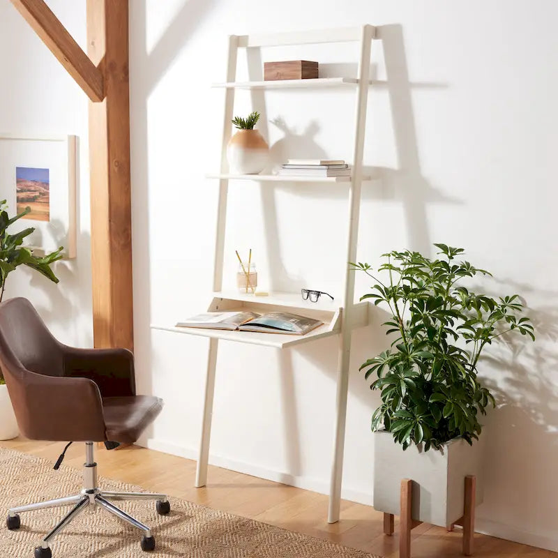 2-Shelf Leaning Desk with Mahogany Frame – White / Natural+Charcoal / Black / Honey Brown+Charcoal, 1-Person Use