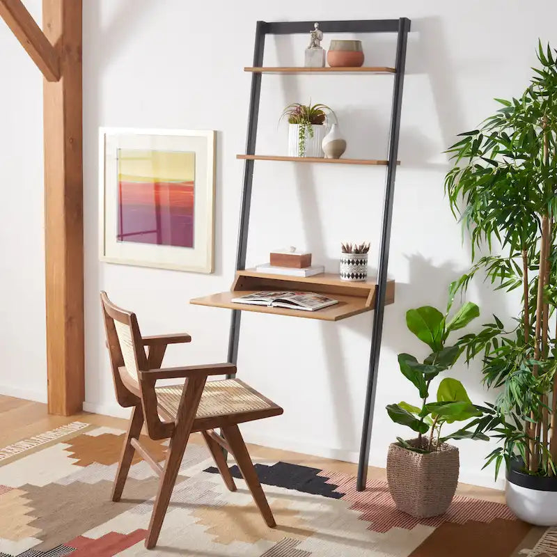 2-Shelf Leaning Desk with Mahogany Frame – White / Natural+Charcoal / Black / Honey Brown+Charcoal, 1-Person Use
