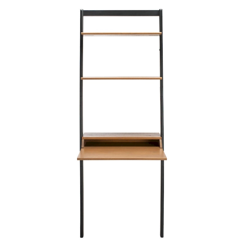 2-Shelf Leaning Desk with Mahogany Frame – White / Natural+Charcoal / Black / Honey Brown+Charcoal, 1-Person Use