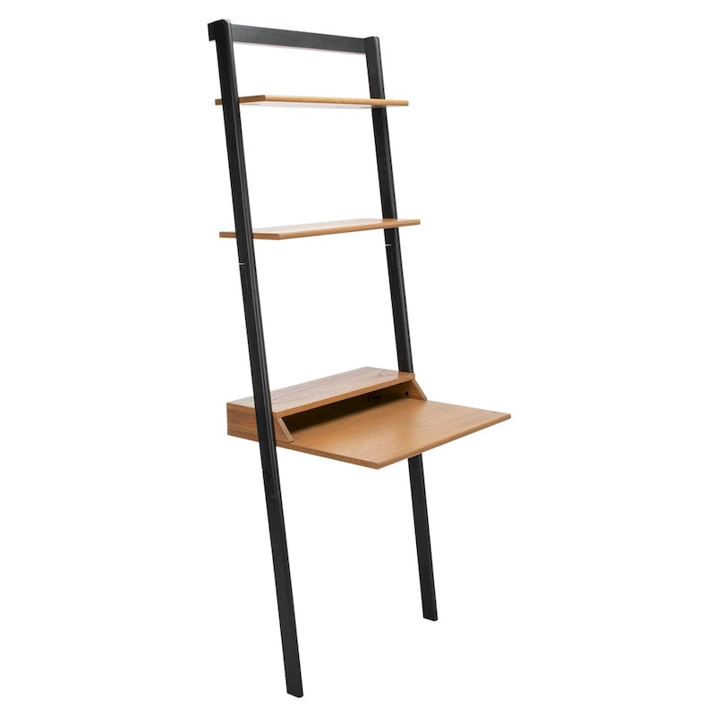 2-Shelf Leaning Desk with Mahogany Frame – White / Natural+Charcoal / Black / Honey Brown+Charcoal, 1-Person Use
