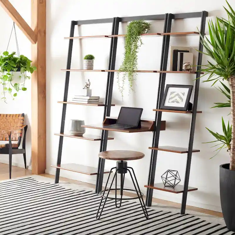 2-Shelf Leaning Desk with Mahogany Frame – White / Natural+Charcoal / Black / Honey Brown+Charcoal, 1-Person Use