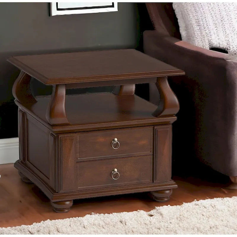 Square Solid Wood End Table with 2 Drawers and Open Shelf – Brown, 1-Unit