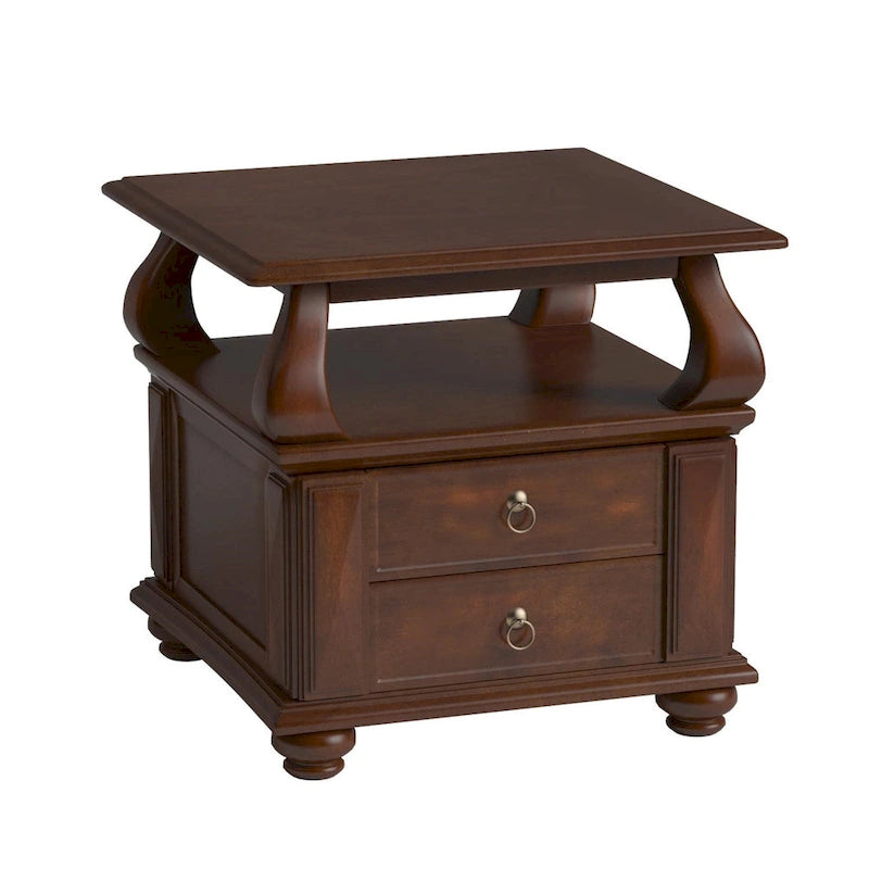 Square Solid Wood End Table with 2 Drawers and Open Shelf – Brown, 1-Unit