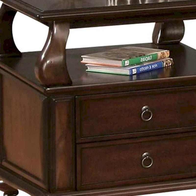 Square Solid Wood End Table with 2 Drawers and Open Shelf – Brown, 1-Unit
