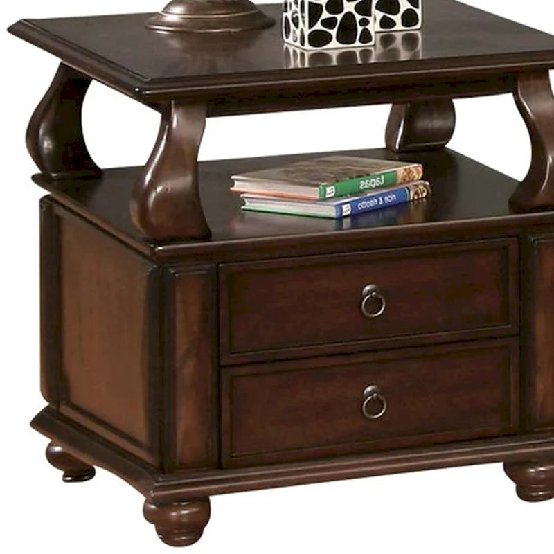 Square Solid Wood End Table with 2 Drawers and Open Shelf – Brown, 1-Unit