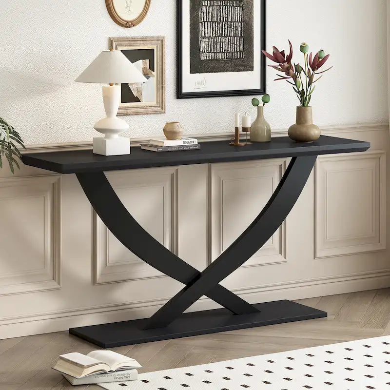 Rustic Console Table with Cross-Leg Design – Black / Brown, 1-Unit