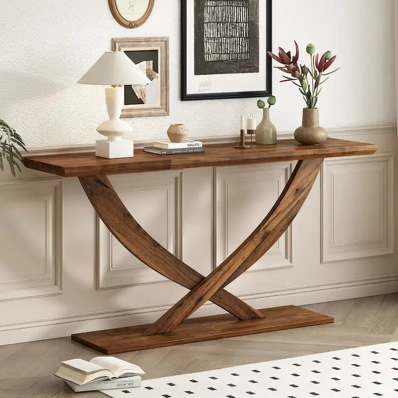 Rustic Console Table with Cross-Leg Design – Black / Brown, 1-Unit