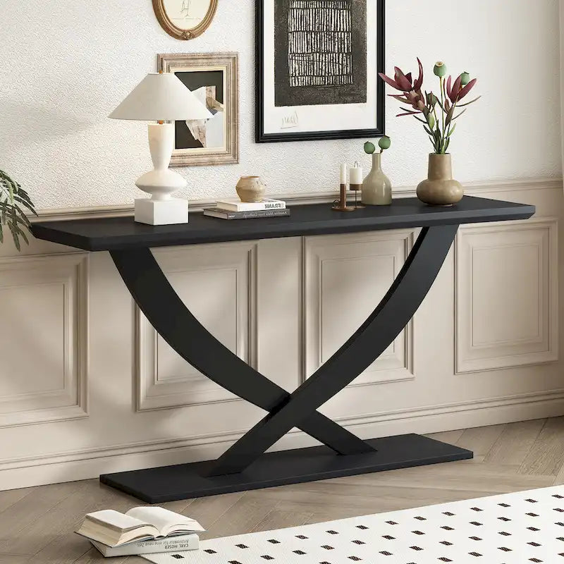 Rustic Console Table with Cross-Leg Design – Black / Brown, 1-Unit