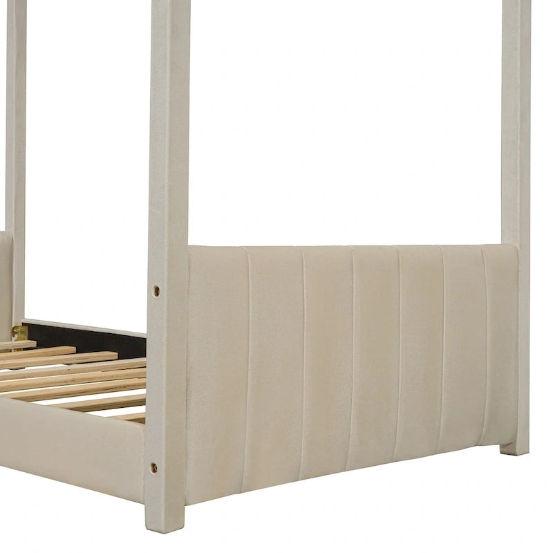Twin House-Shape Velvet Bed with Roof Design and Striped Headboard – Beige, 1-Person Use