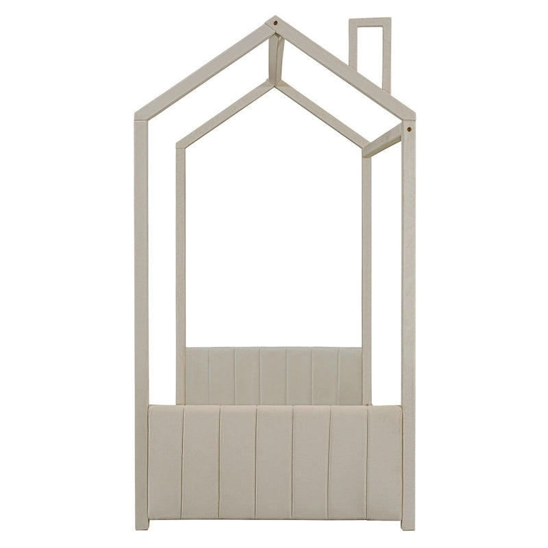 Twin House-Shape Velvet Bed with Roof Design and Striped Headboard – Beige, 1-Person Use