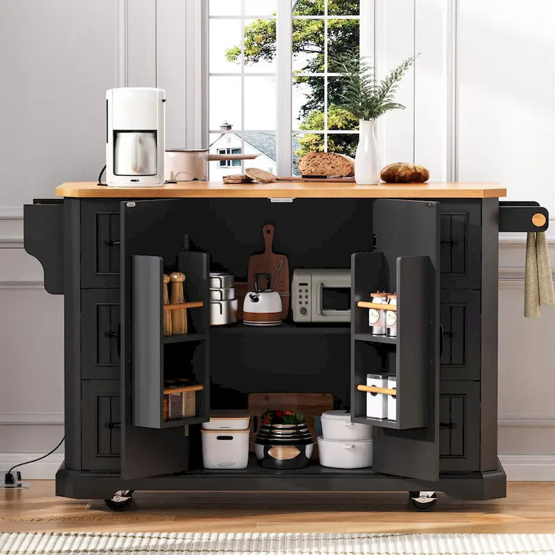 56  Kitchen Island With Drop Leaf, Rolling Kitchen Cart On Wheels, Rolling Kitchen Table with Drawers