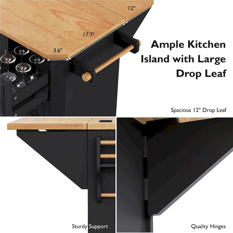 Drop-Leaf Kitchen Island Cart with Drawers – White / Black, 1-Person Use