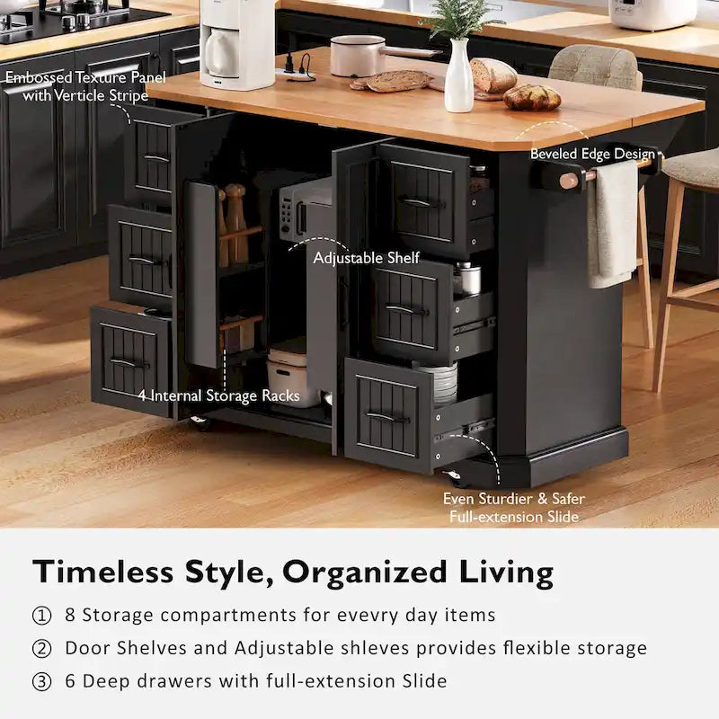 Drop-Leaf Kitchen Island Cart with Drawers – White / Black, 1-Person Use