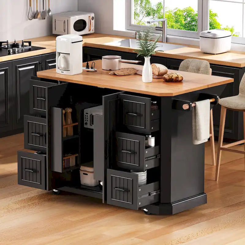 Drop-Leaf Kitchen Island Cart with Drawers – White / Black, 1-Person Use