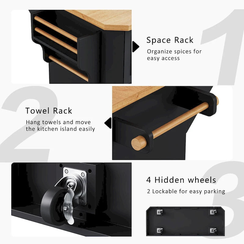 Drop-Leaf Kitchen Island Cart with Drawers – White / Black, 1-Person Use