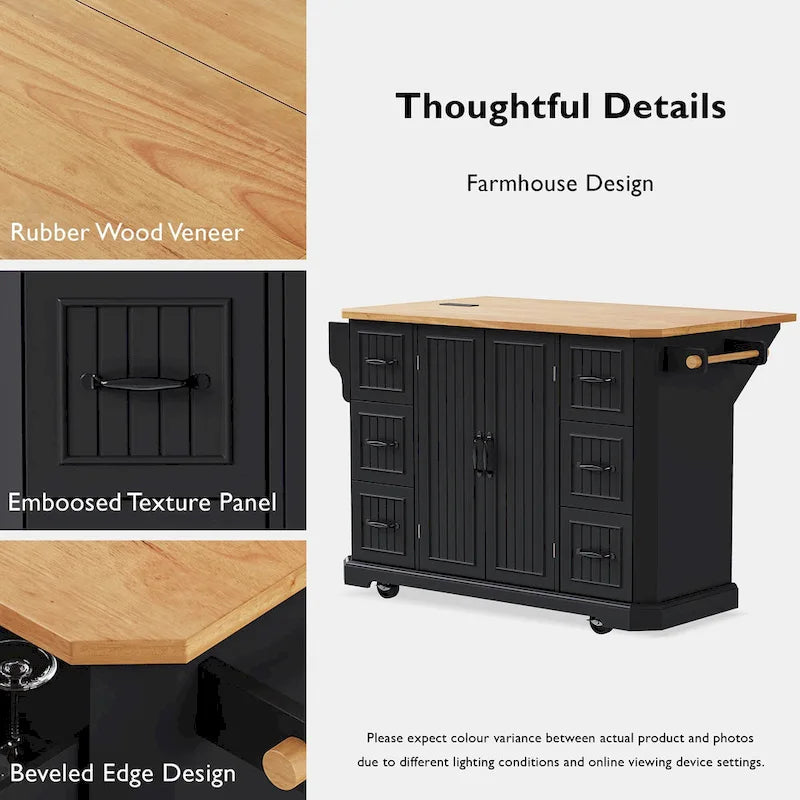 Drop-Leaf Kitchen Island Cart with Drawers – White / Black, 1-Person Use