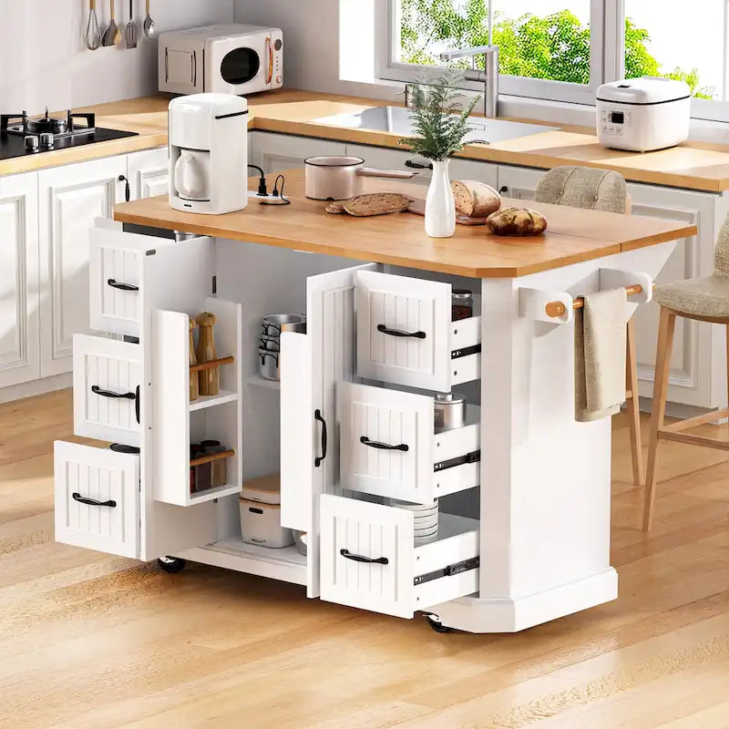 Drop-Leaf Kitchen Island Cart with Drawers – White / Black, 1-Person Use