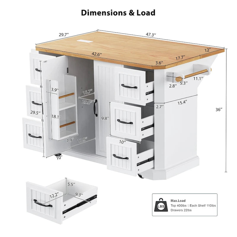 Drop-Leaf Kitchen Island Cart with Drawers – White / Black, 1-Person Use